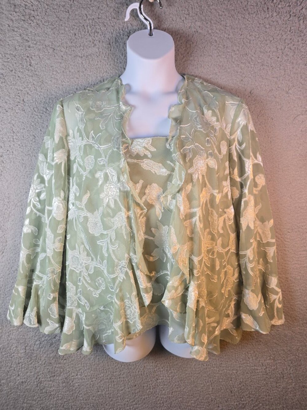 Alex Evenings Sage Green Botanical Ruffle Jacket Tank Two Piece Set 2X